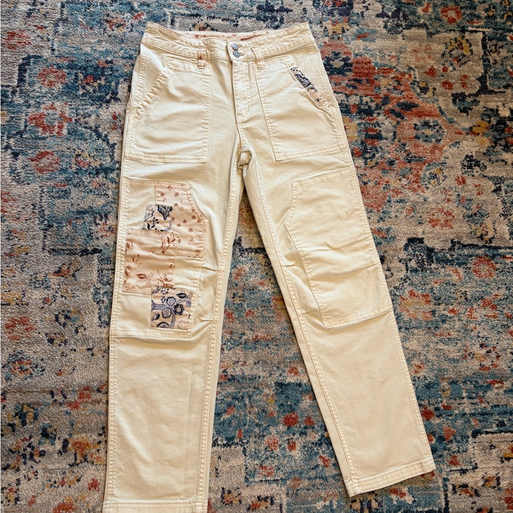 Anthro Pilcro The Wanderer Utility Jean Toile patch Ivory Cargo pants 27 jeans - Picture 2 of 16